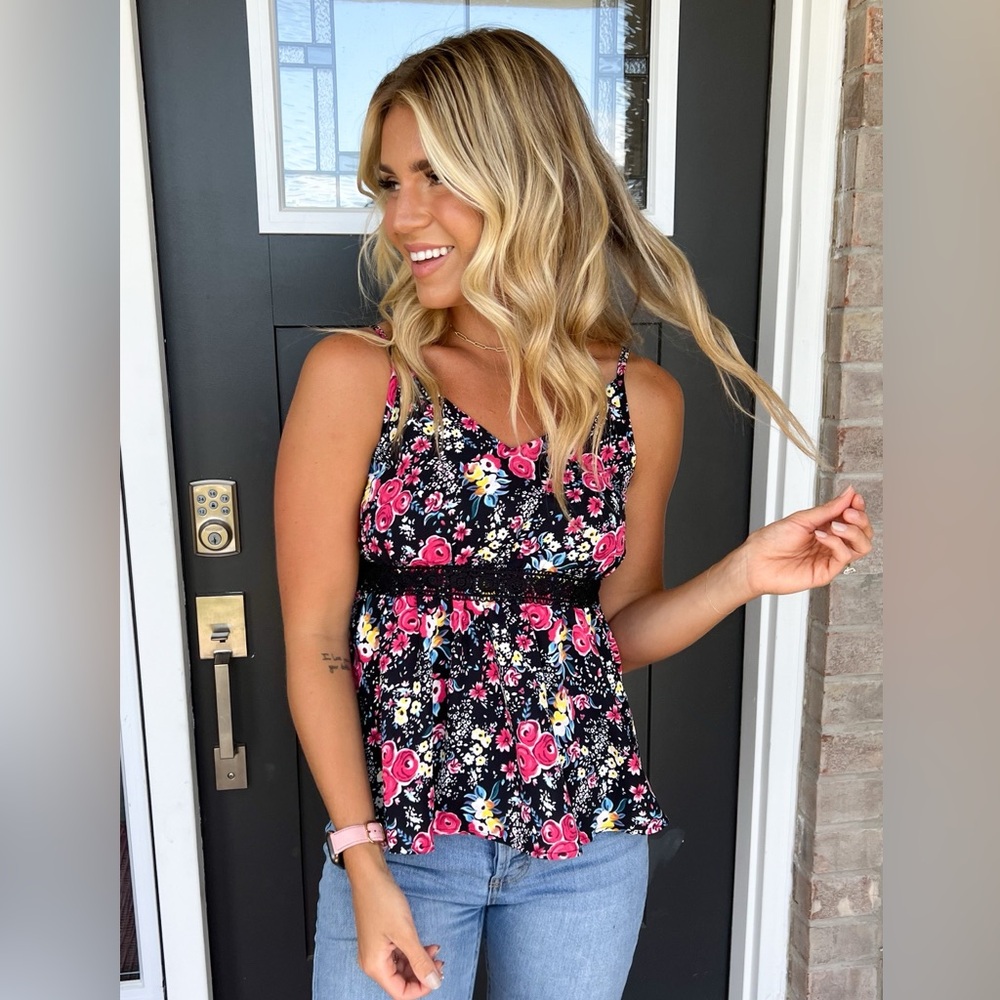 Black Floral Lace Peplum Top